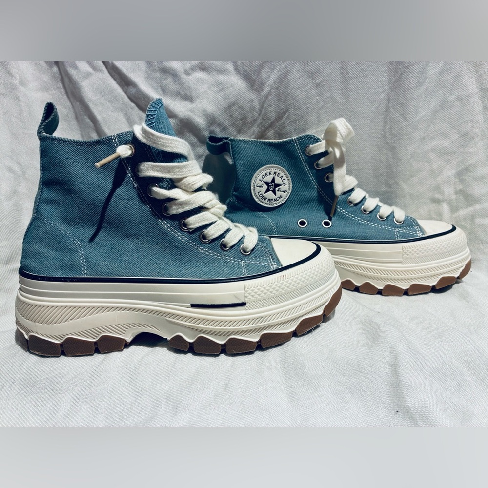Denim High-Top Sneakers with White Laces, Lug Soles, Platforms, sz JP225/US 5 - Picture 2 of 12